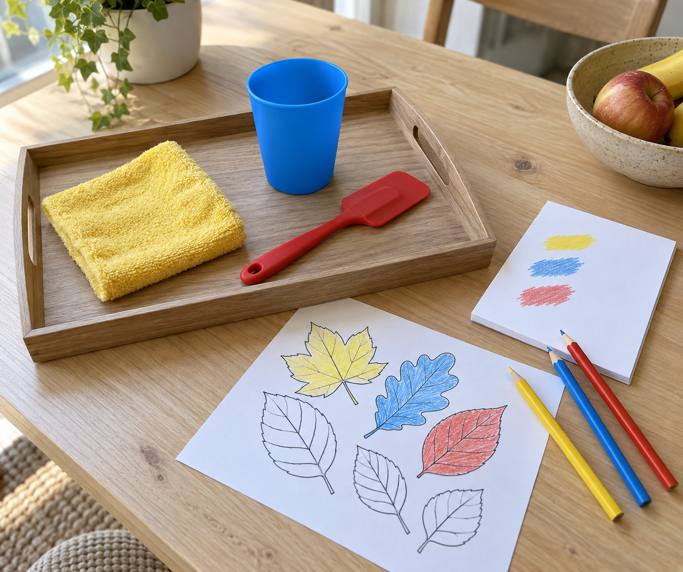 Gele, blauwe en rode voorwerpen naast kleurpotloden, proefstreepjes en een bladkleurplaat op de keukentafel.